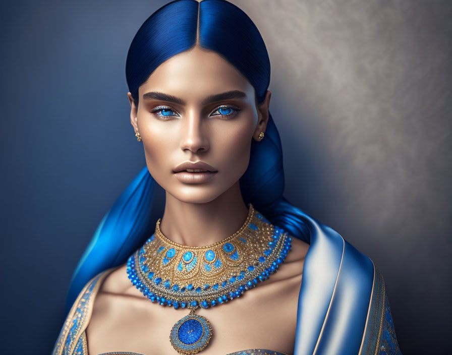 Striking Blue Hair Model in Bold Makeup with Golden and Blue Jewelry