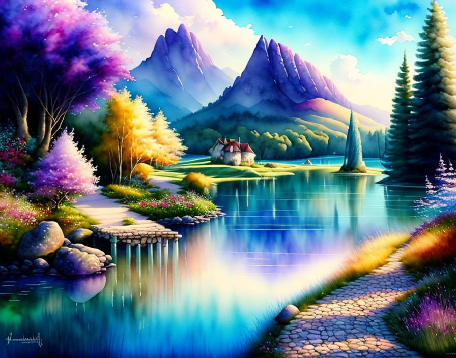 Colorful Landscape Painting: Serene Lake, Cobblestone Path, Lush Trees, Quaint