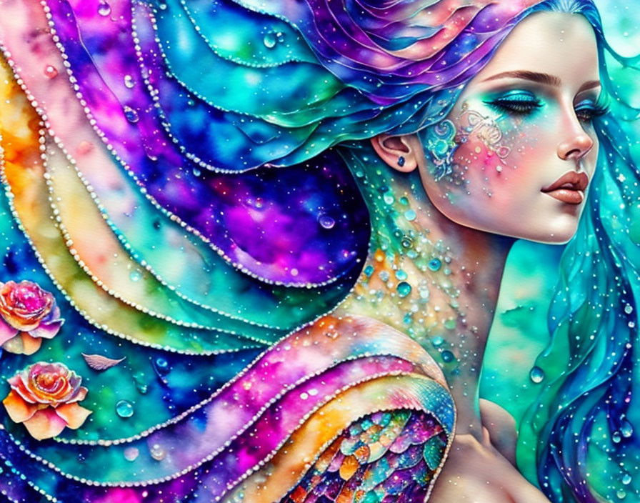 Colorful artwork: Woman with flowing hair in cosmic setting with floral elements