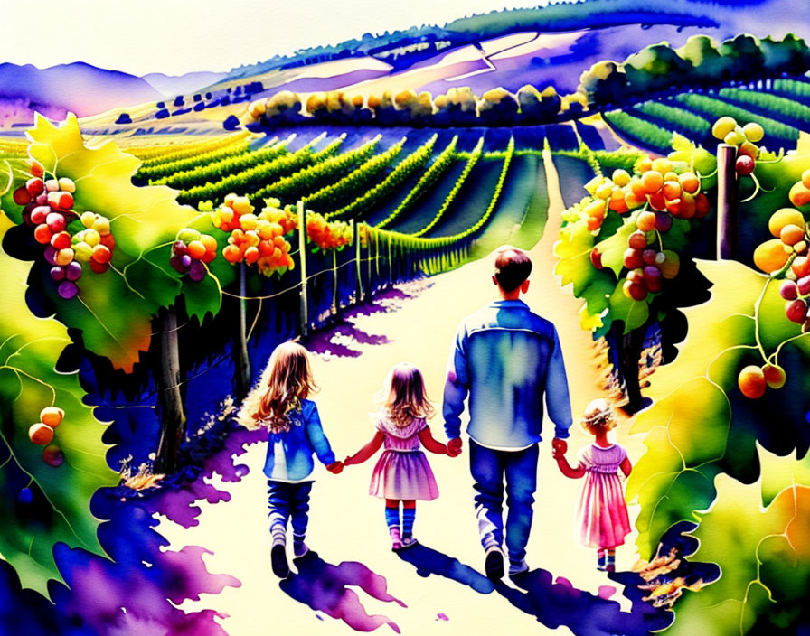 Colorful family stroll through vineyard under bright sky