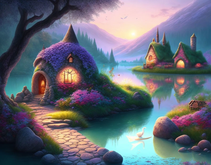 Twilight scene: Thatched-roof cottage, lake, swan, lush flora, pastel