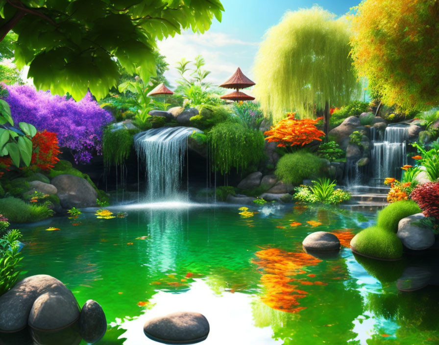 Tranquil garden with waterfalls, lush plants, stepping stones, and pavilions by a