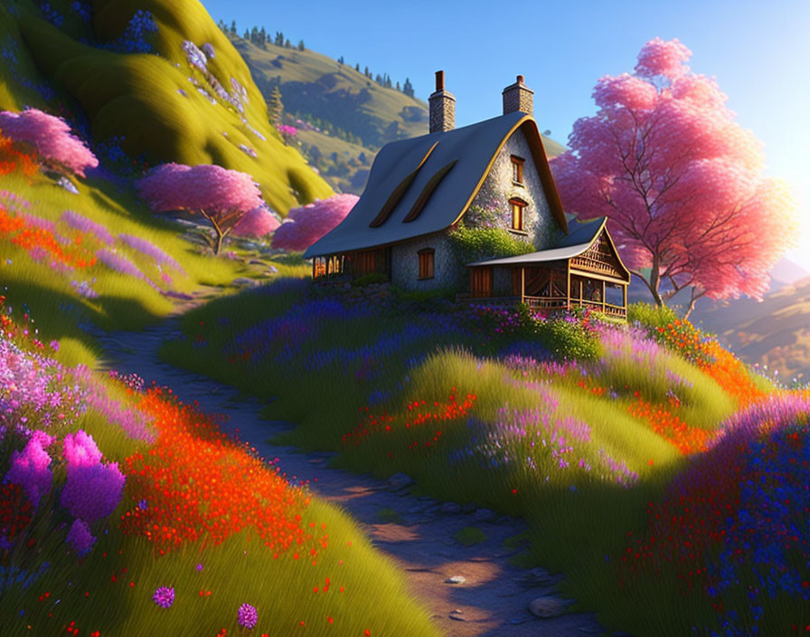 Thatched Roof Cottage Among Flower-Filled Hills