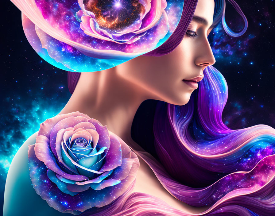 Surreal portrait of a woman with galaxy-themed hair and celestial rose