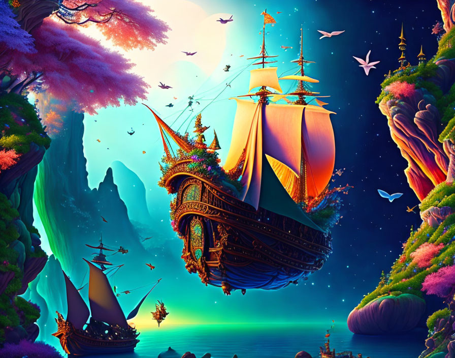 Fantastical flying ships over lush floating islands