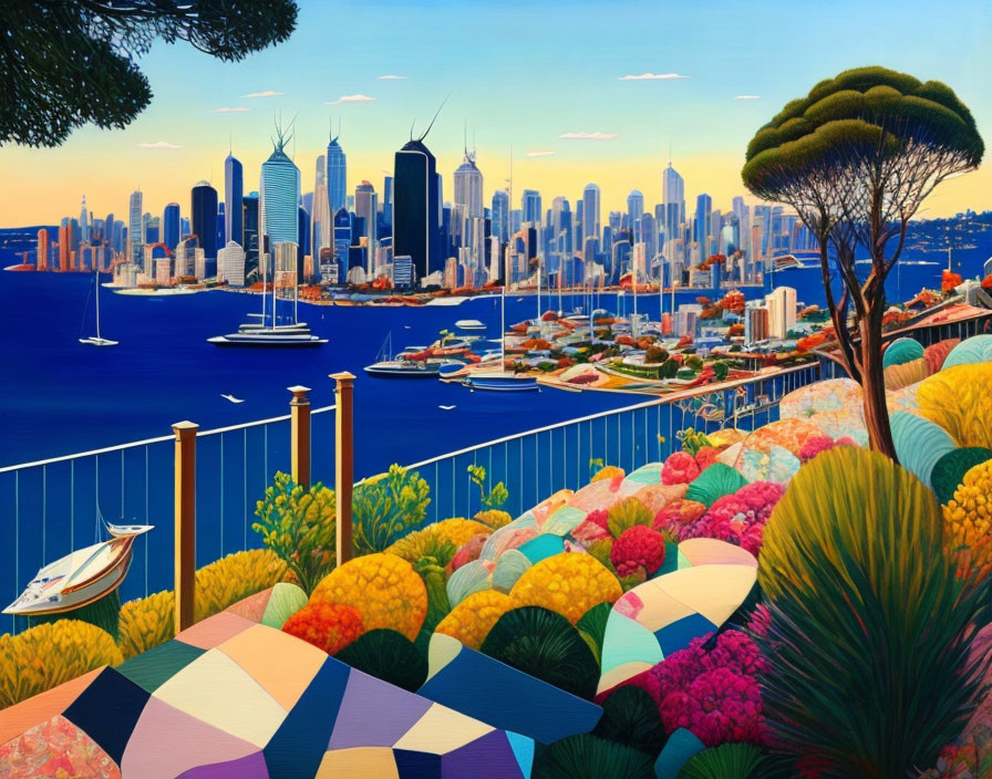 Colorful city skyline painting with park, umbrellas, trees, and bay view.