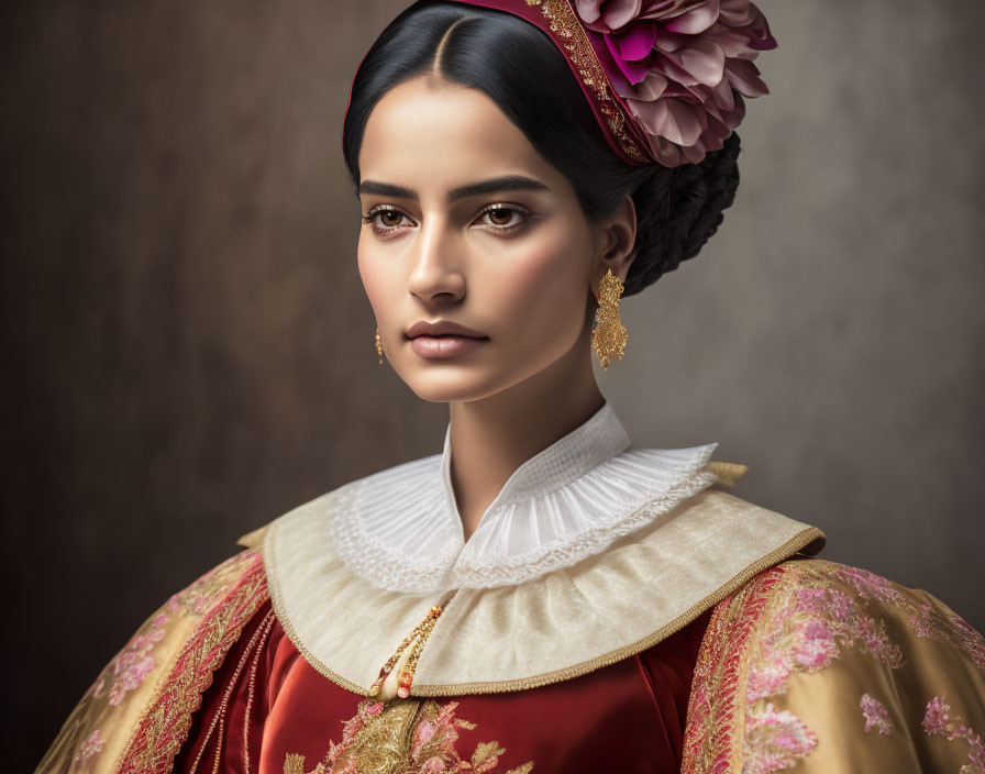 Striking woman in floral headpiece and embroidered red dress