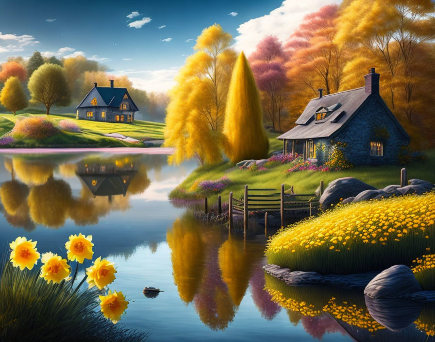 Tranquil countryside landscape with cottages, lake, trees, flowers, and sunset