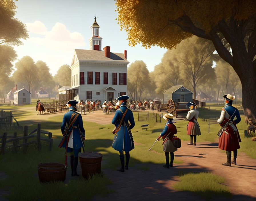 Colonial soldiers in uniform near white building with townspeople on sunny day