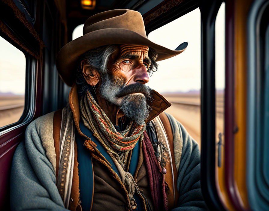 Elderly cowboy with weathered face gazes from train window