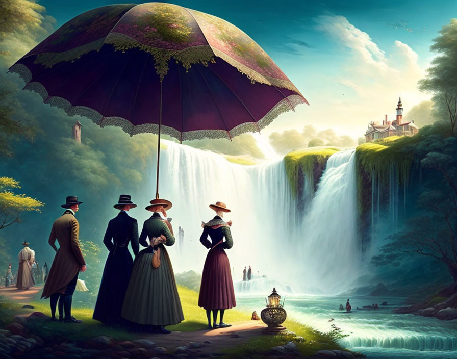 Vintage fashion group under giant floating umbrella at waterfall