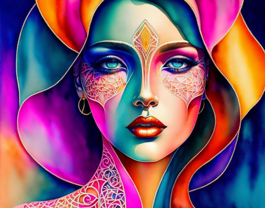 Vibrant digital portrait with intricate patterns on face