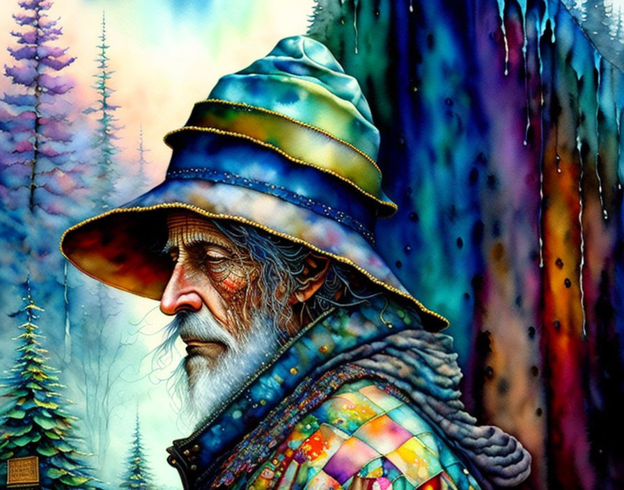 Vibrant illustration of an old man in colorful attire with forest backdrop