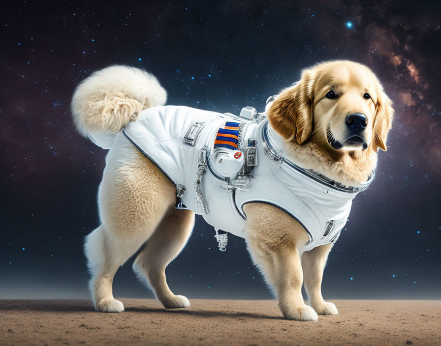 Golden Retriever in Astronaut Suit in Space Background