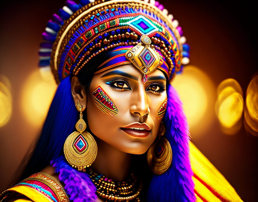 Colorful tribal jewelry adorned woman in digital illustration.