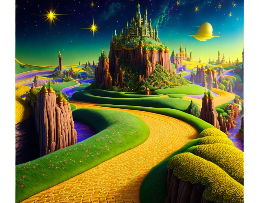 Fantasy landscape with yellow brick road, castle, starry sky, glowing planet