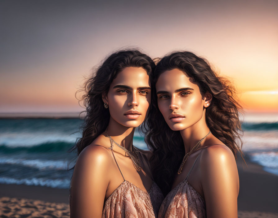 Symmetrical pose of two women on beach at sunset