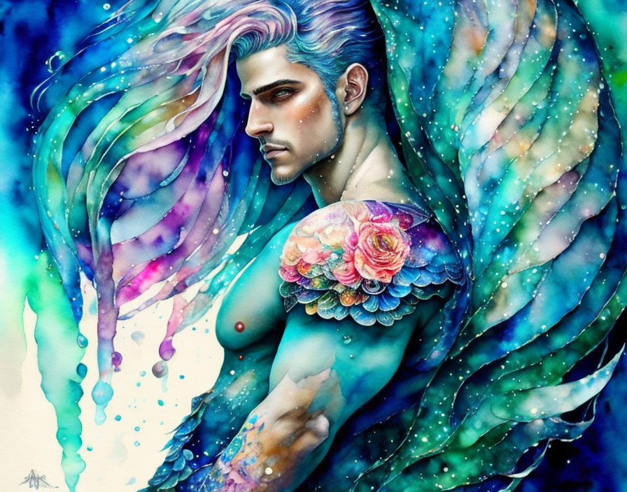 Fantasy male figure with purple hair, ethereal wings, and floral tattoos