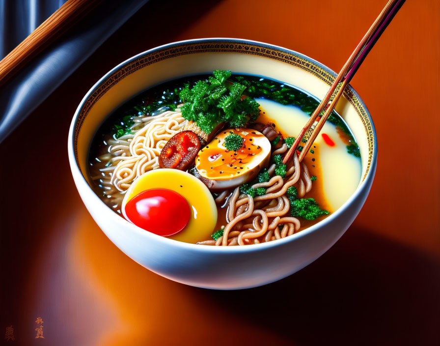 Colorful Ramen Bowl with Egg, Noodles, Greens, and Broth