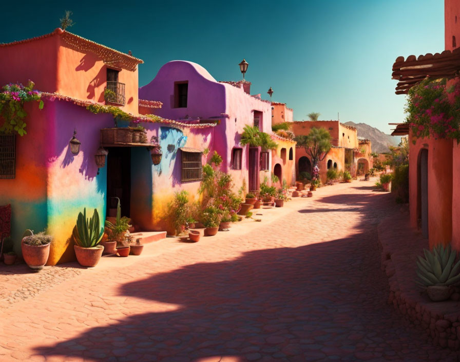 Vibrant painted houses on colorful street under clear sky