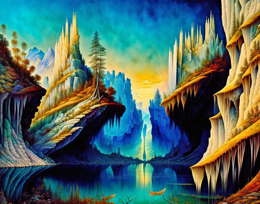 Vibrant fantasy landscape with cliffs, lake, and sunset sky