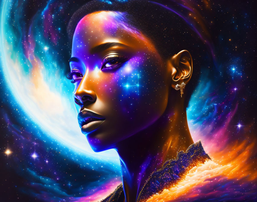 Cosmic galaxy skin portrait of a woman surrounded by nebulas