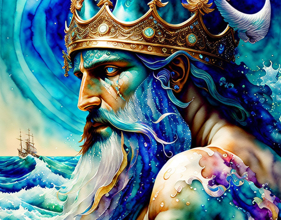 Vivid mythical sea king illustration with blue beard and ship