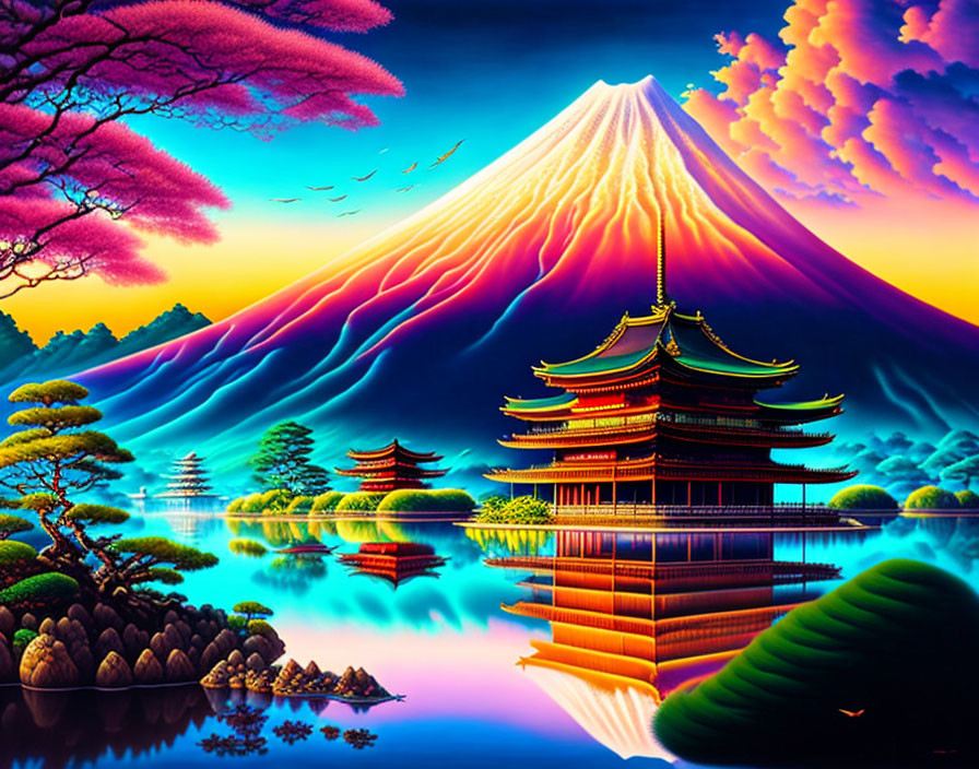 Digital artwork of Mount Fuji with pagoda, colorful trees, and clouds