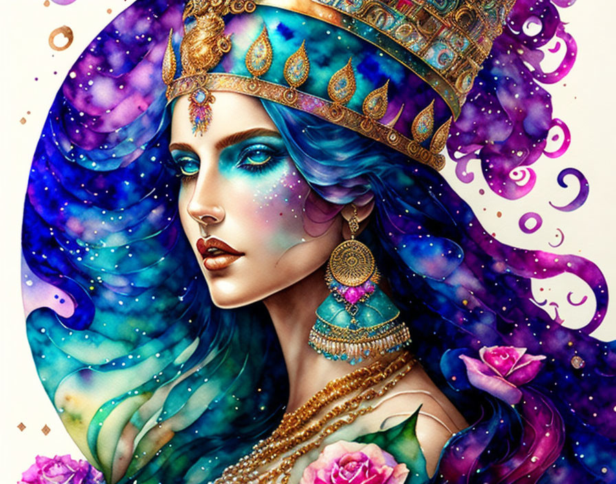 Illustration: Blue-skinned woman with cosmic hair, jeweled crown, gold ornaments, and pink