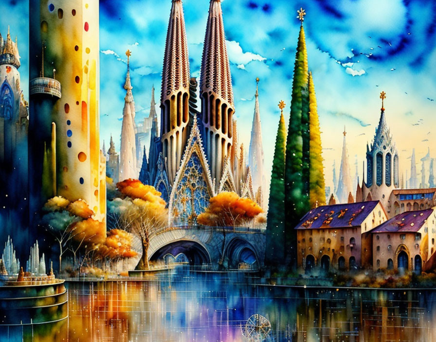 Whimsical cityscape painting with colorful spire-topped buildings