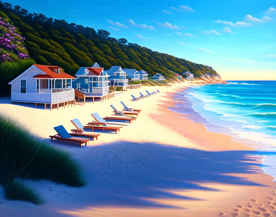 Tranquil beach scene with beach houses, sun loungers, and vibrant ocean at dusk or dawn