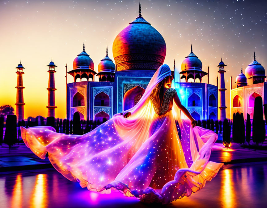 Woman in vibrant starry gown at Taj Mahal under twilight sky