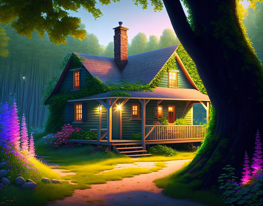 Cozy cottage with lit porch in forest clearing at twilight