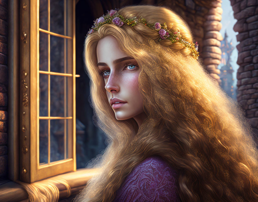 Digital painting: Woman with long wavy hair and floral crown in castle setting