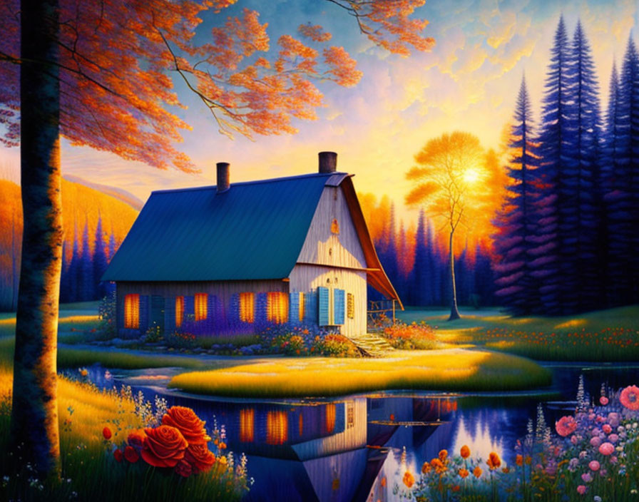 Tranquil pond with cozy blue cottage and sunset sky