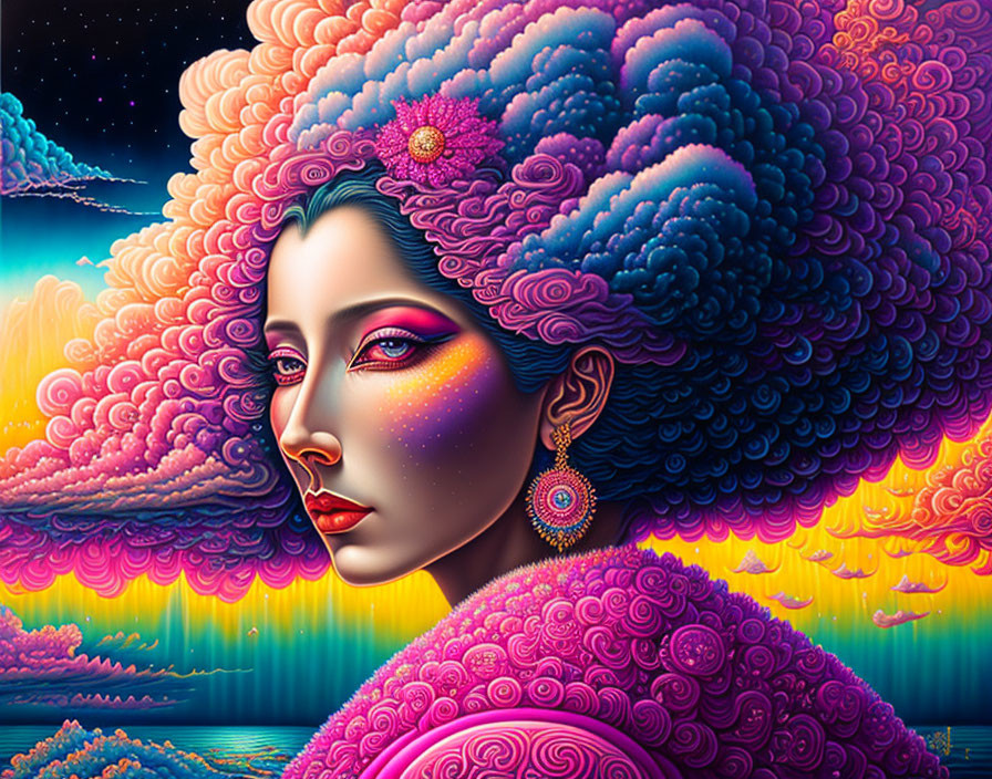 Colorful surreal portrait of woman with cosmic and floral patterns in starry skies.