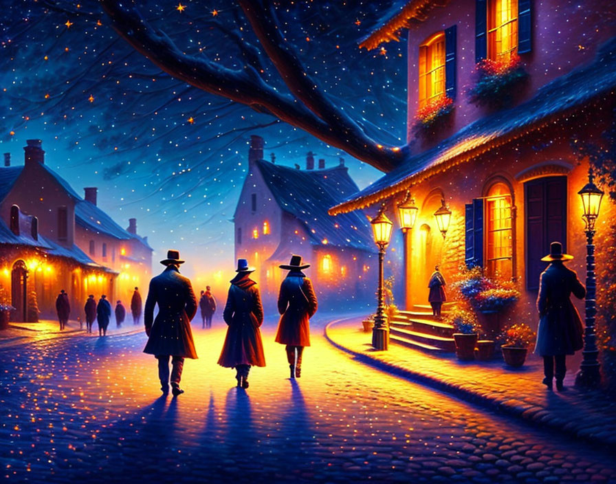 Vintage clothing trio strolls cobblestone street at night