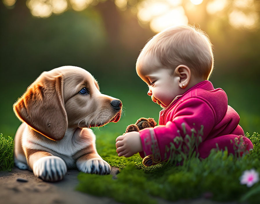 Baby in red hoodie faces light brown puppy in garden setting