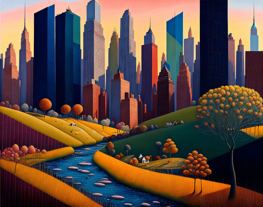 Colorful urban and rural landscape fusion with skyscrapers, hills, river, and sun