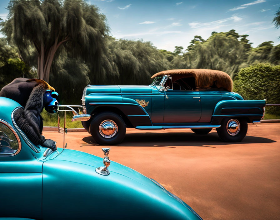 Vintage cars parked on road with person in gorilla costume leaning on front car