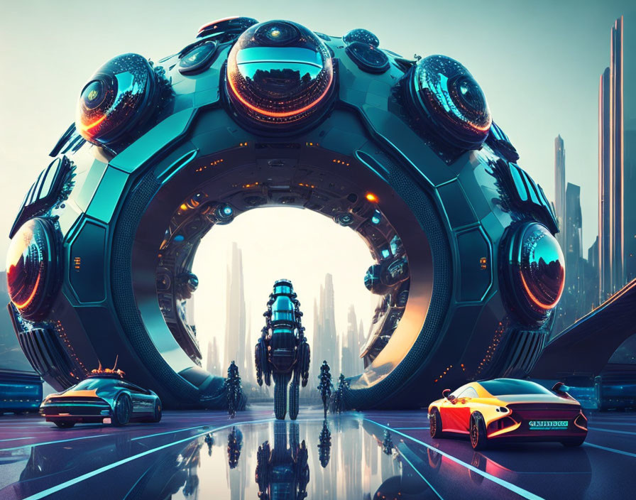 Futuristic cityscape with circular structure, sleek cars, and neon lights at dusk