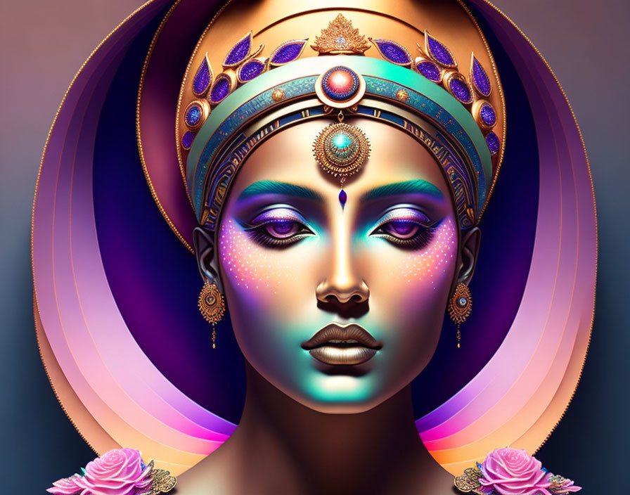 Woman with Decorative Headdress and Peacock Feathers on Purple Abstract Background