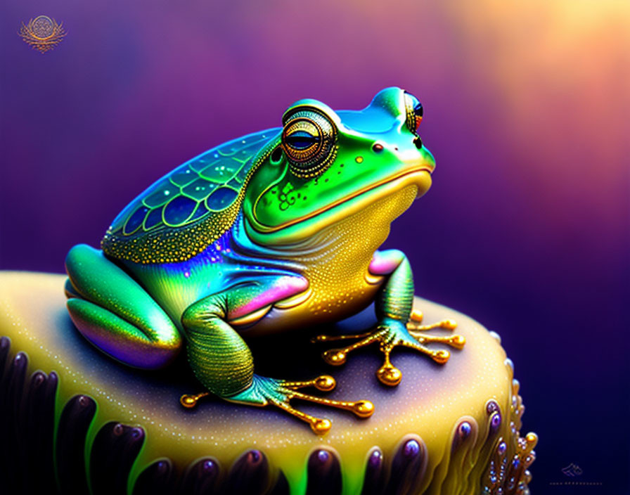 Colorful Stylized Frog Artwork Against Purple Background