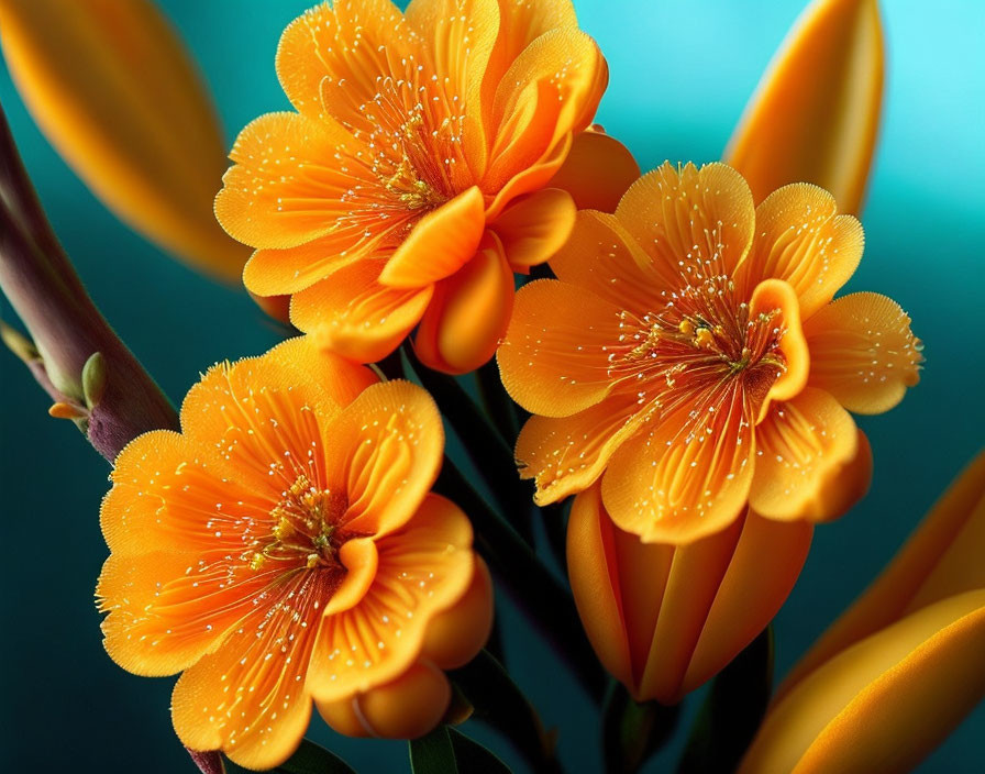 Vibrant orange flowers with stamens and dewdrops on blue-green backdrop