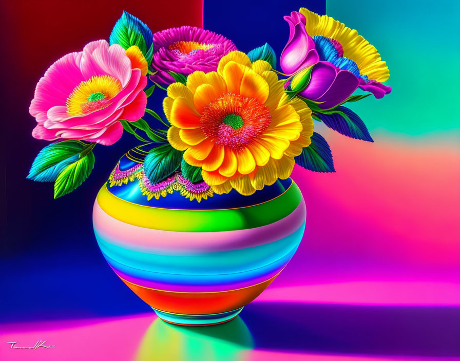 Colorful digital artwork: Rainbow vase with stylized flowers