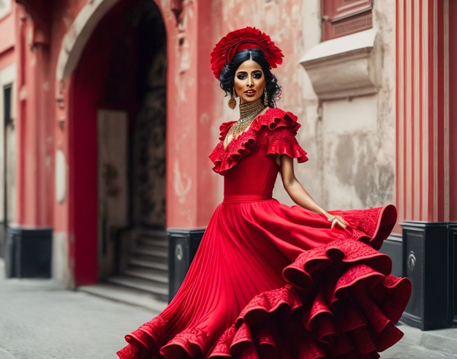 Woman in Red Ruffled Dress Poses in European Alleyway