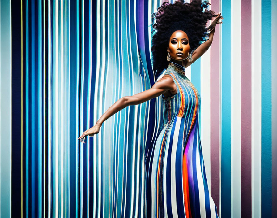 Voluminous curly hair woman in colorful striped dress against psychedelic backdrop