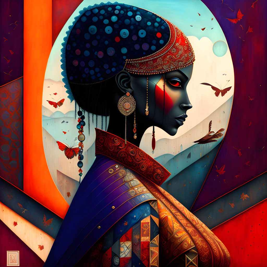 Colorful African-themed woman profile with birds & butterflies