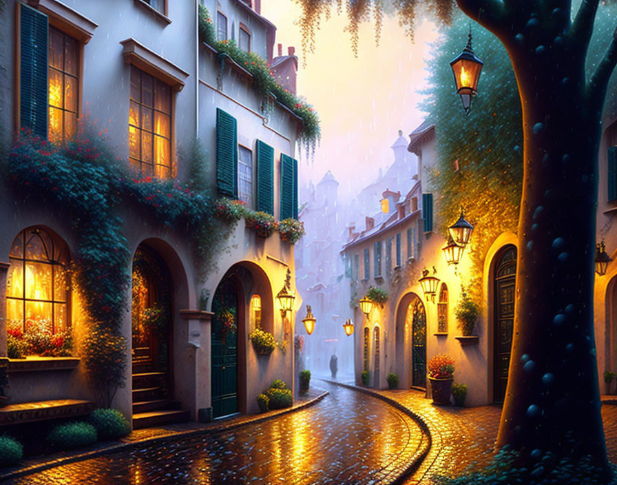 Quaint cobblestone street at dusk with lit street lamps, ivy-covered buildings.