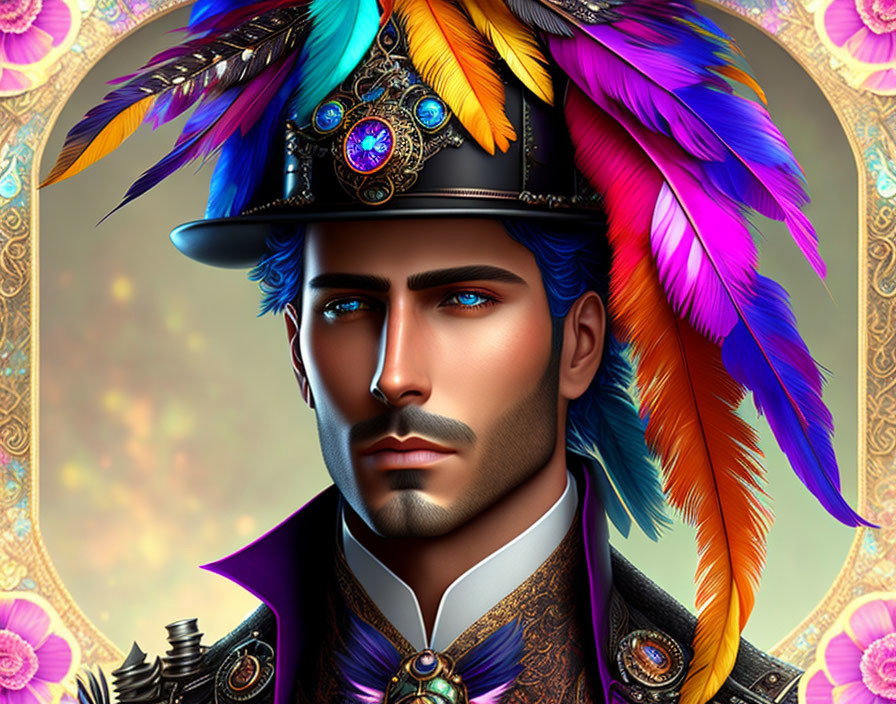 Vibrant digital artwork of a man in regal uniform with feathered hat